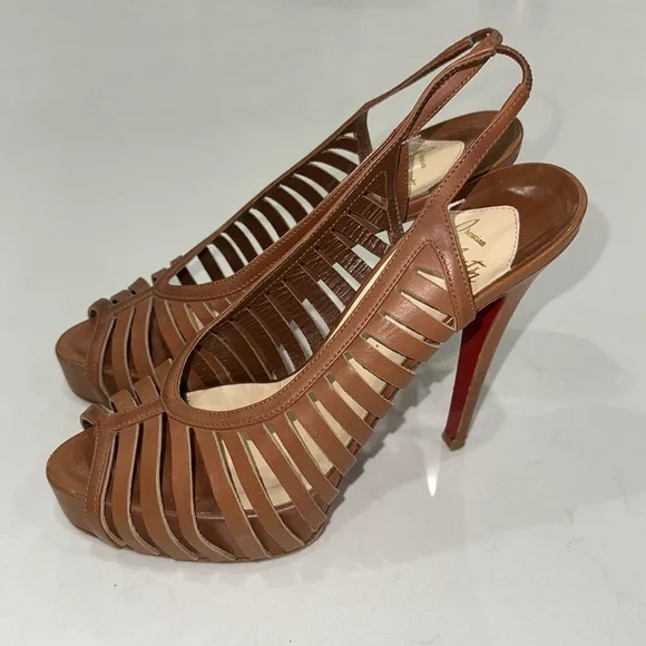 Christian LouboutinTan Leather Cut Out Peep Toe Platform Slingback Sandals